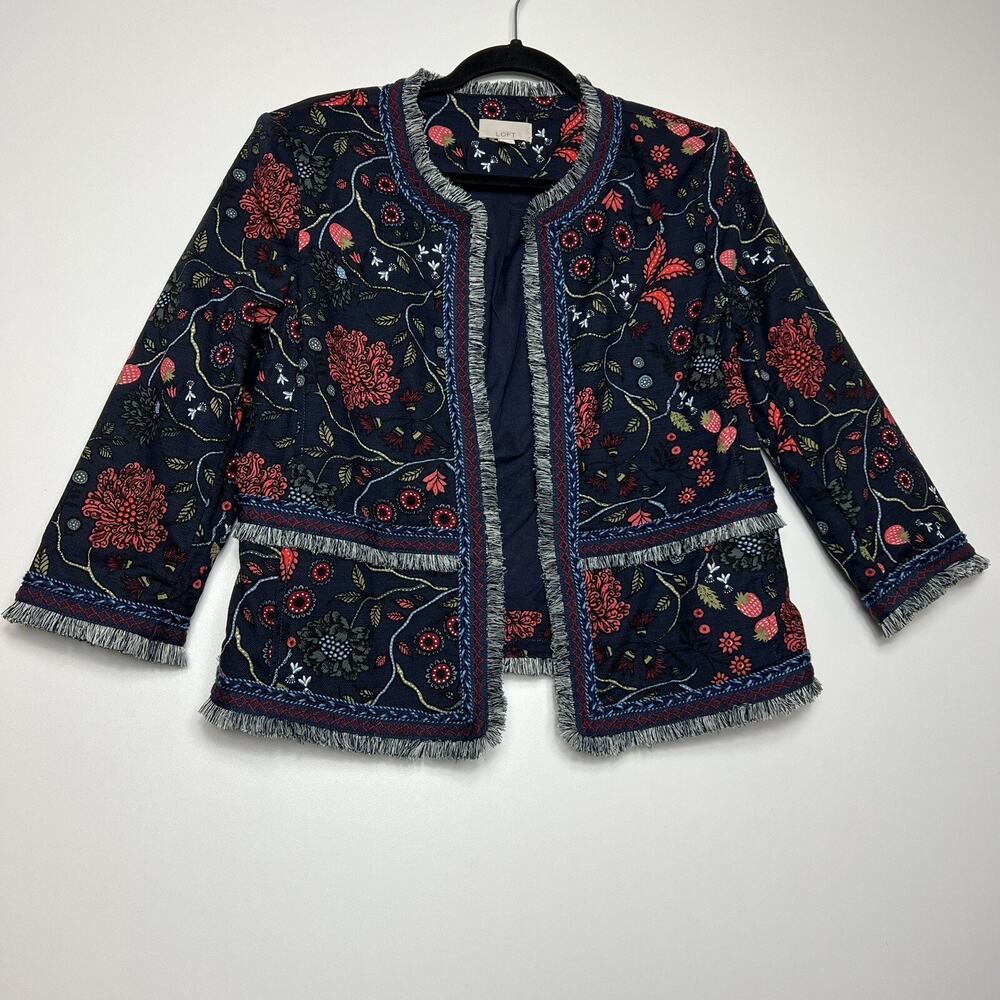 Loft Blue Floral Multicolor Print Lined Open Blazer Size 8